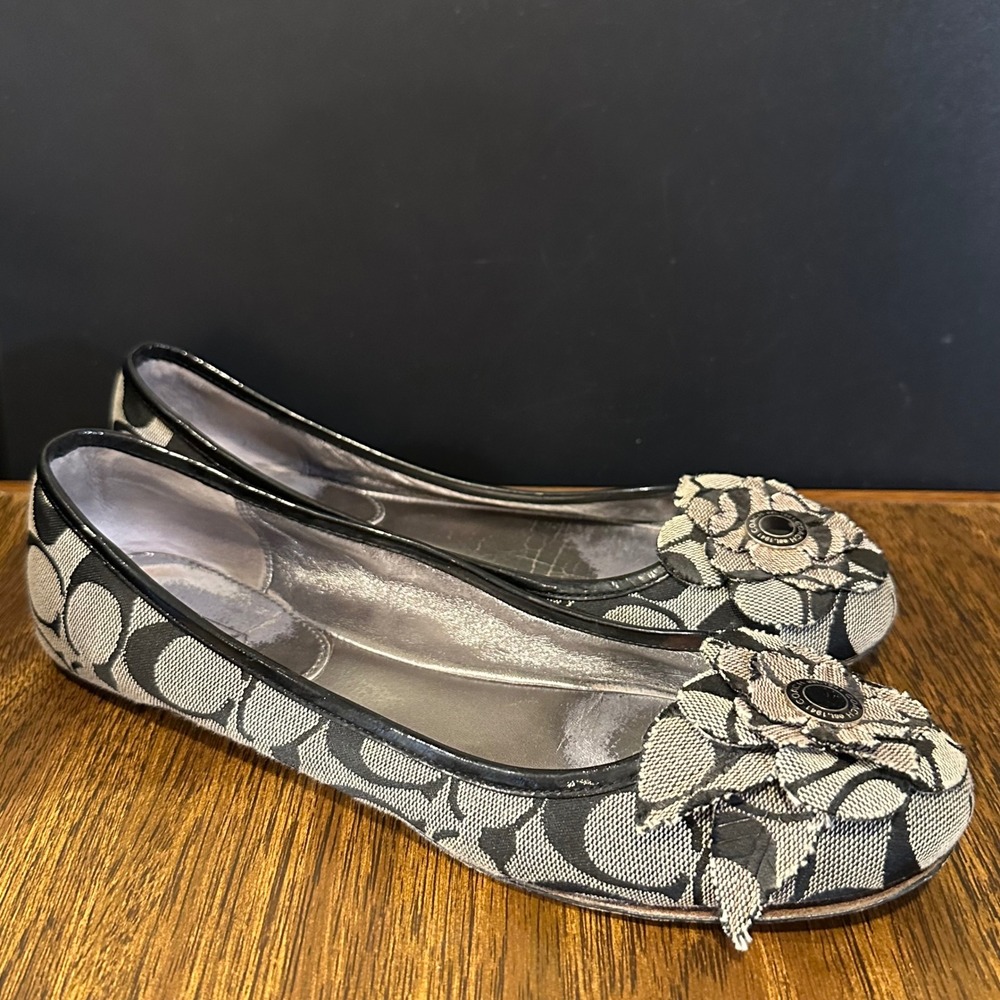 Coach Signature Jacquard Floral Applique Ballet Flats Black Gray size 8 1/2